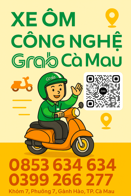 📍 Xe ôm công nghệ Cà Mau - Gọi Grab là có ngay! 🏍️ Bạn cần đi chợ, đi làm, đi khám bệnh? Chỉ cần nhấc máy gọi Grab! 📲 0853.634.634 – 0399.266.277 📌 Khóm 7, Phường 7, Gành Hào – có mặt sau vài phút! 🔥 Đảm bảo: 👉 Giá rẻ, an toàn 👉 Tài xế vui vẻ, chuyên nghiệp 👉 Có mặt nhanh – phục vụ mọi nơi tại Cà Mau