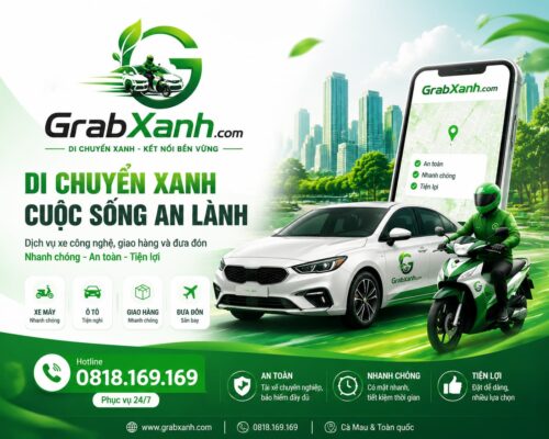 Banner GrabXanh cao cấp, thương hiệu taxi và vận chuyển Cà Mau, hotline 0818 169 169